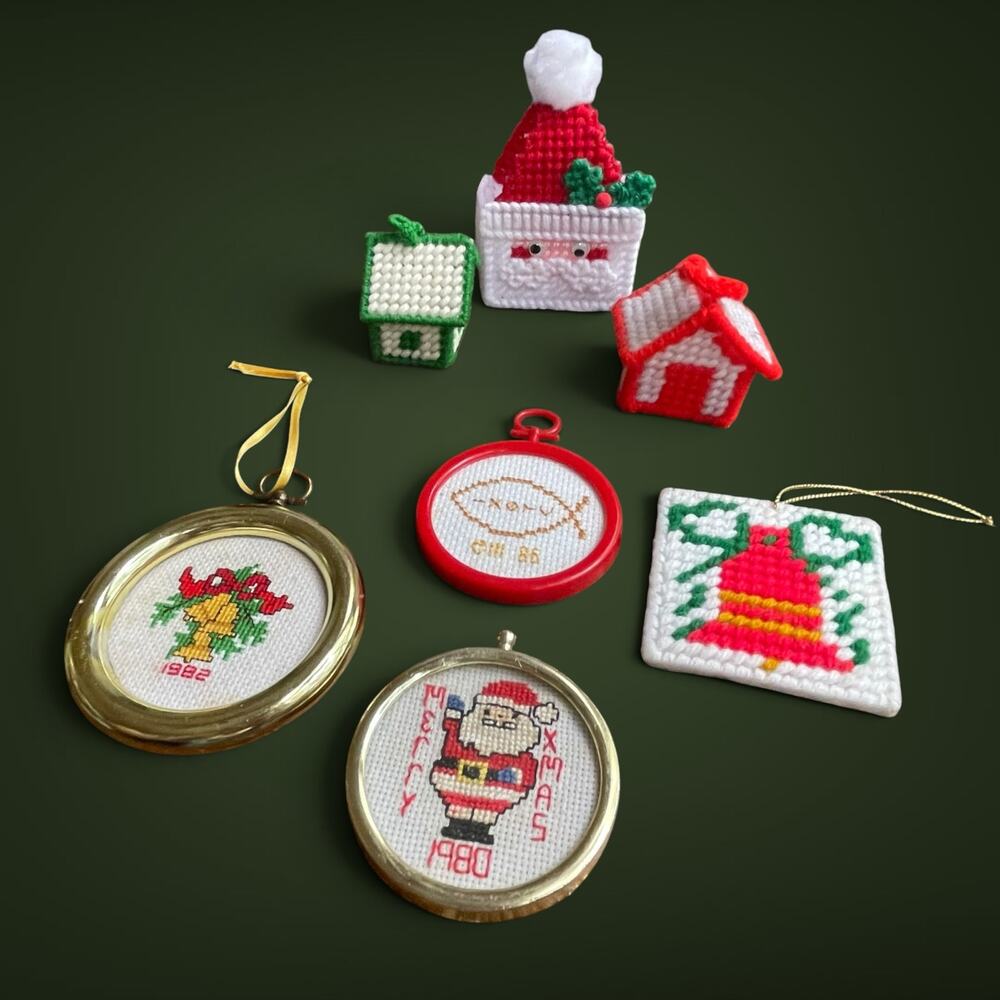 Vtg. 80s Handmade Cross Stitch Plastic Canvas Christmas Holiday Ornament Retro